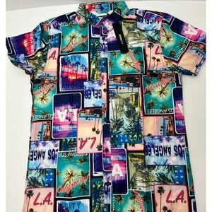 Novamen LA Palms Beach Shirt Short Sleeve Large Woven Button Down Summer Tee